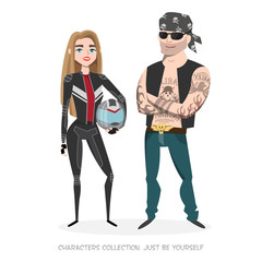 Male and female motorcyclists. A couple of bikers.