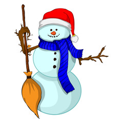 Christmas White Snowman in a Hat and Scarf Isolated on White Background, Merry Christmas and Happy New Year, Vector Illustration.