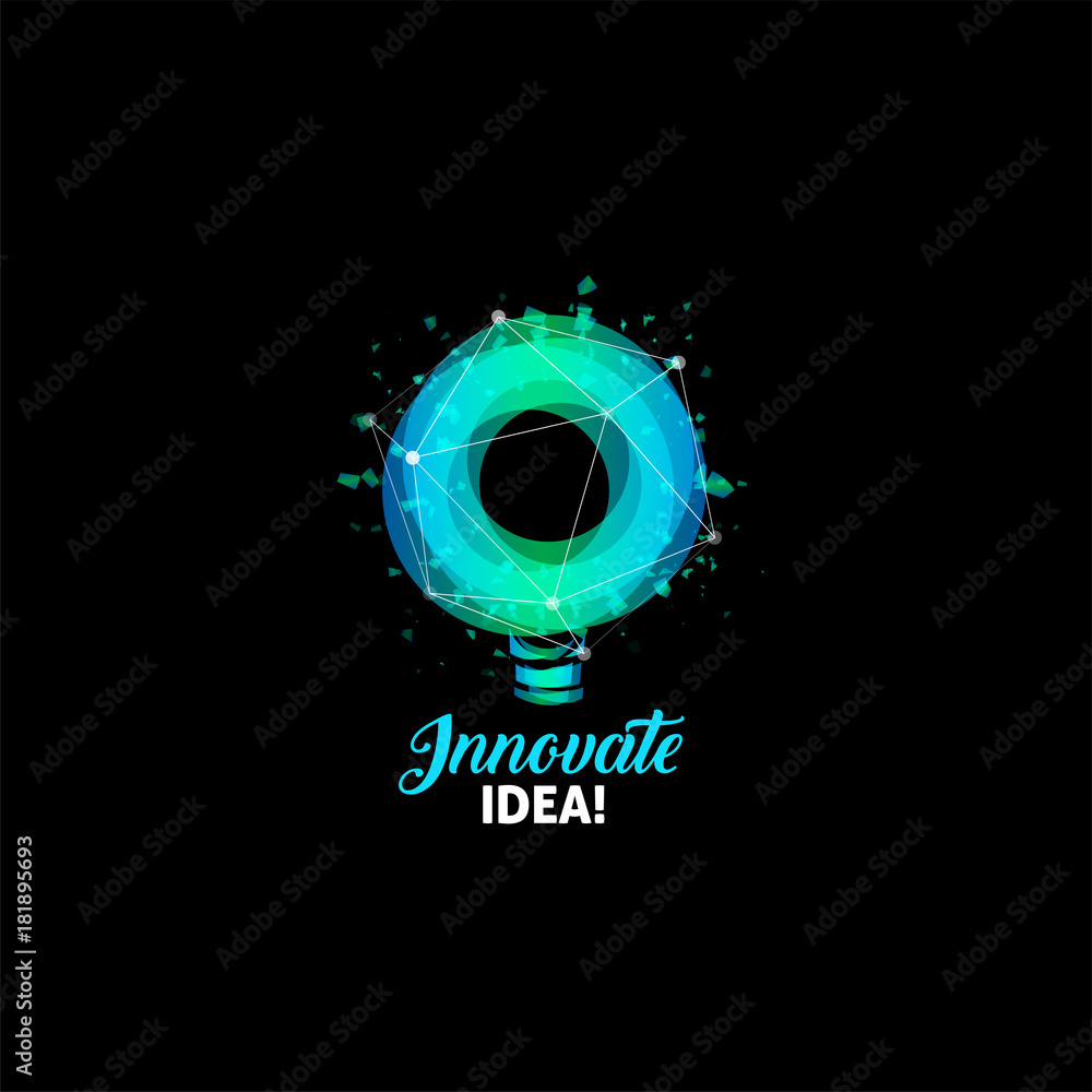 Poster innovate idea logo, light bulb abstract vector icon. isolated blue and green color round shape, styl
