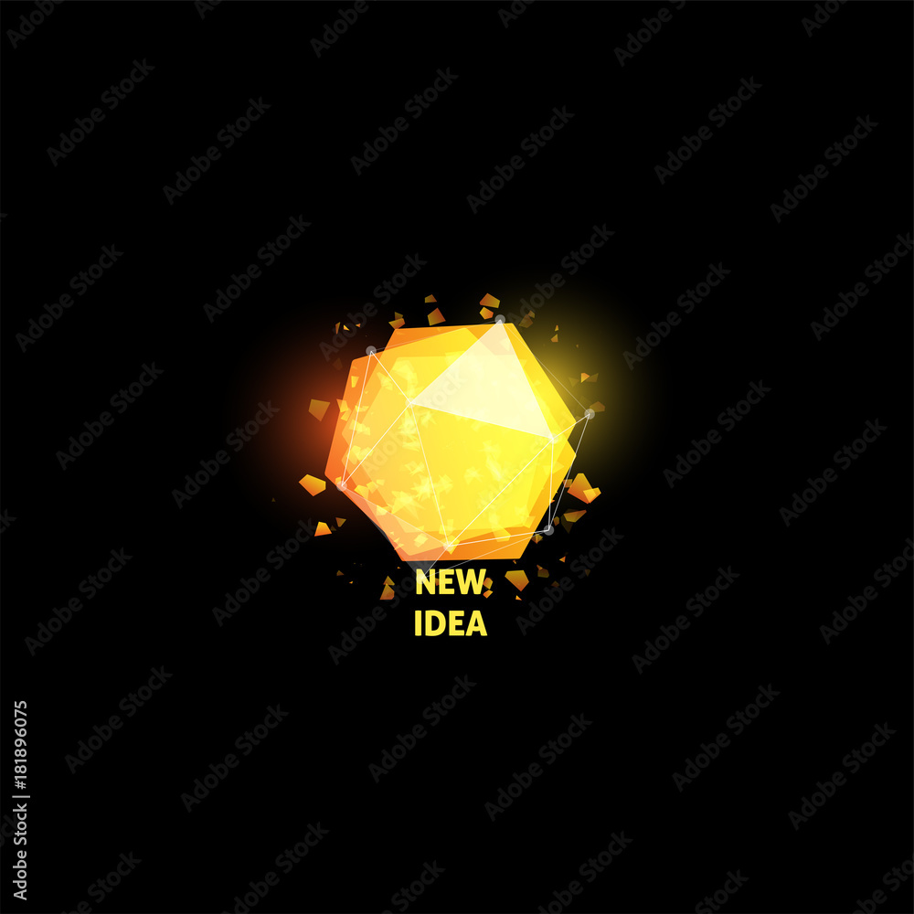 Poster New idea logo, light bulb abstract vector icon. Isolated yellow polygons shape, stylized lamp with text. Digital innovation technology vector illustration.