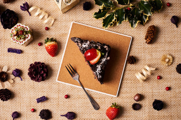 Slice of Christmas chocolate cake