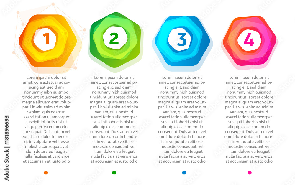 Poster Abstract steps. Colorful hexagon frame with numbers 1,2,3,4. Web infographics elements.