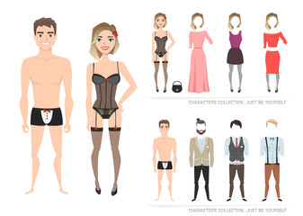 Clothing sets for man and woman. Constructor character.
