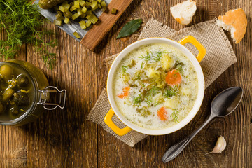 Traditional cucumber soup with pickled cucumbers.