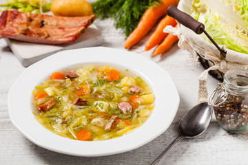 Homemade cabbage soup, cooked on smoked ribs.