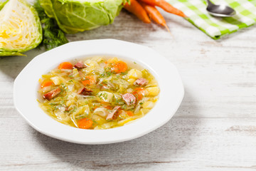 Homemade cabbage soup, cooked on smoked ribs.