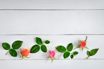Flowers composition. Red roses on a white wooden background. Flat lay, top view.