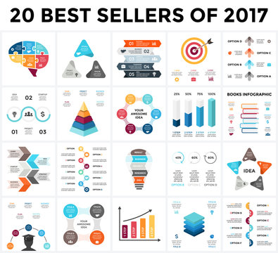 Vector infographics set. 20 best sellers of 2018. Business diagrams, arrows graphs, startup presentations and idea charts.
