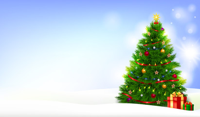 Decorated Christmas tree with present boxes in a snow landscape. Realistic vector illustration.  Daytime. Light blue background.