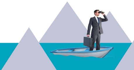 Businessman in boat with minimal shapes