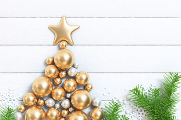 white wood floor many gold ball and star christmas holiday new year concept 3d rendering