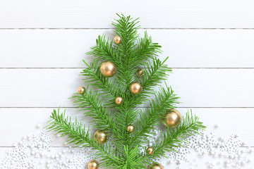 green leaf gold ball decoration abstract christmas tree white wood background christmas new year holiday concept 3d rendering