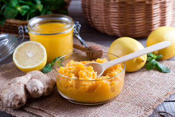 Vitamin mix ginger,lemon,honey and pumpkin in a glass jar