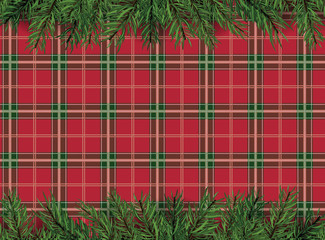 Red, green checkered pattern background with Christmas tree decoration