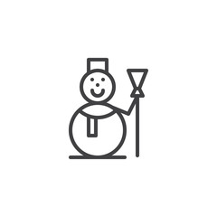Snowman with scarf and broom line icon, outline vector sign, linear style pictogram isolated on white. Symbol, logo illustration. Editable stroke