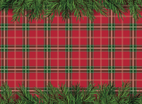 Red, green checkered pattern background with Christmas tree decoration
