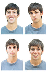 Retrato de fotomatón de hombre joven con expresión sonriente, serio, amenazante y triste. Foto en...