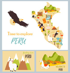 Set of tourist cards of Peru with landmarks. - obrazy, fototapety, plakaty