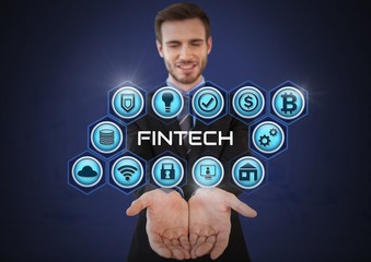 Businessman with hands palm open and Fintech with various