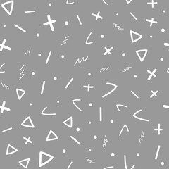 Abstract geometric seamless pattern. Sketch, doodle, scribble. White shapes on dark gray background.