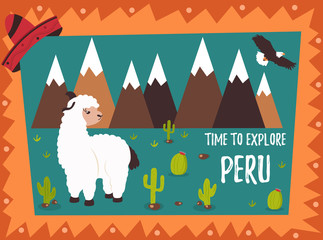 Concept poster of Peru with cute lama and tourist destinations