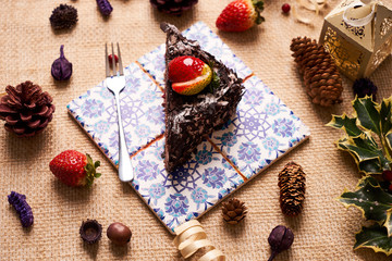 Piece of homemade Christmas chocolate cake