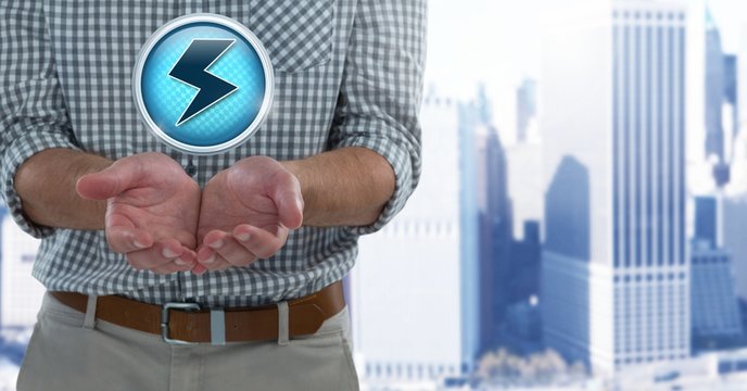 Electric lightning icon and Businessman with hands palm open in