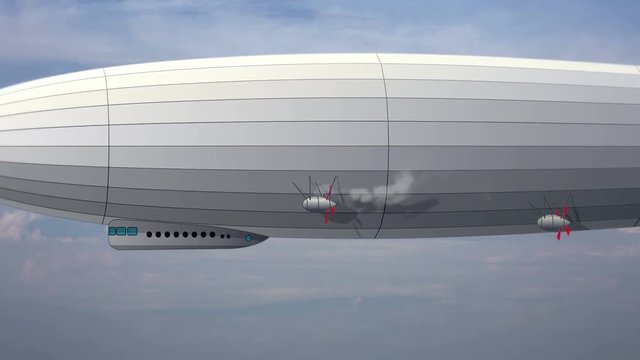 Legendary huge zeppelin airship on sky with clouds. Flying balloon animation. Big dirigible, spinning propellers and rudder. Long zeppelin, blue background, rigid airship.