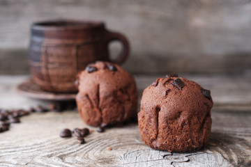 chocolate muffins and coffee mug on the table