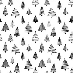 Obraz premium Christmass tree seamless pattern. Vector illustration. Black Hand drawn doodle sketch with ink. Design for wrapping