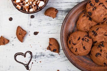 Hot chocolate with marshmallow and chocolate cookies. Love. Heart. Valentine Day.