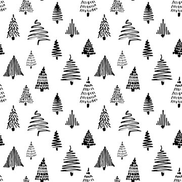Christmass tree seamless pattern. Vector illustration. Black Hand drawn doodle sketch with ink. Design for wrapping