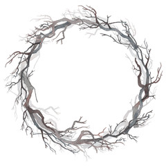Watercolor wreath of bare branches. Beauty of winter nature. - 181902664