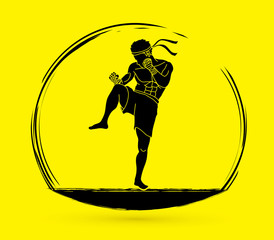 Muay Thai, Thai boxing standing ready to fight action graphic vector