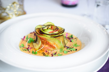 Chef s specialty presented in restaurant on served table