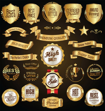 Golden retro sale badges and labels vector collection