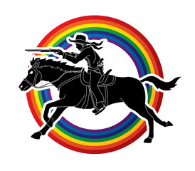 Cowboy on horse, aiming rifle designed on rainbow background graphic vector.
