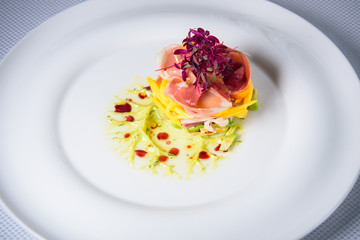 Chef s specialty presented in restaurant on served table