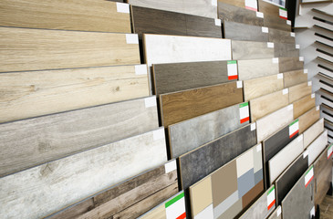 Assortment of flooring samples in shop