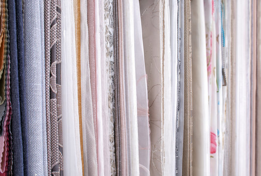 Assortment of fabric samples for curtains, closeup