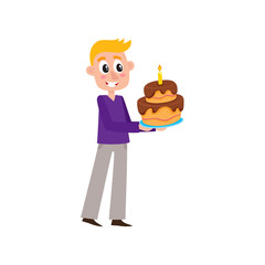 vector flat young man in purple shirt holding big birthday chocolate cake with festive candle inside in hands smiling. Isolated illustration on a white background.