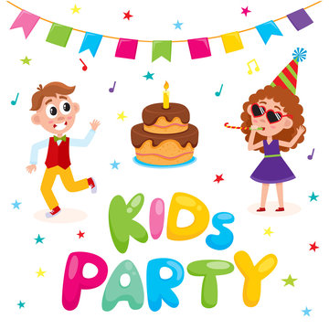 vector flat kids at party with confetti, flags, air balloons set. Caucasian boy dancing, girl in purple dress, party hat, glasses whistling near bix birthday cake. Isolated illustration