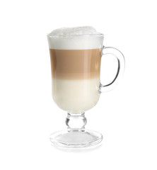 Glass with latte macchiato on white background