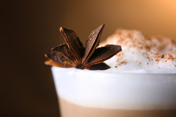 Glass with latte macchiato, closeup
