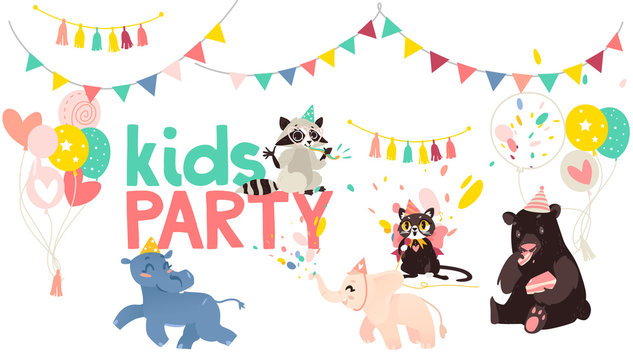 vector cartoon animals at party poster. Hippo and elephat running, cat singing at microphone, bear eats cake raccoon whistling on background of confetti, balloons and flags. Isolated illustration