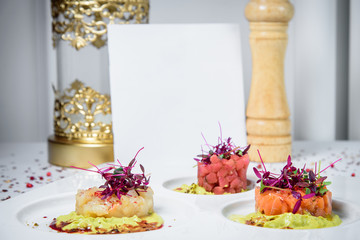 Chef s specialty presented in restaurant on served table