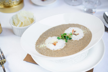 Chef s specialty presented in restaurant on served table