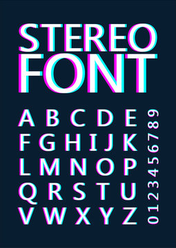 Font with stereoscopic effect. Alphabet. The letters with the color pink and blue