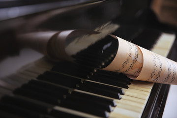 Music sheets on piano, close up