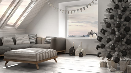 Christmas tree and presents in modern loft, big panoramic window, white and gray scandinavian minimalist interior design